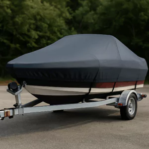 Boat on trailer with snug cover and elastic hem for tight fit