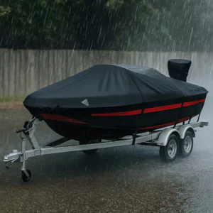 Boat on trailer in rain with cover showing ventilation panel