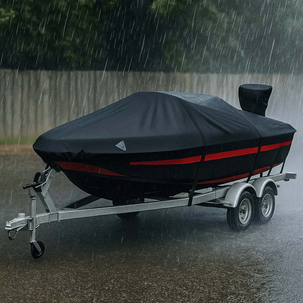 Boat on trailer in rain with cover showing ventilation panel